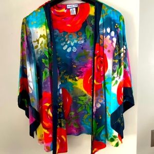 Silk floral kimono-sleeve jacket 1X